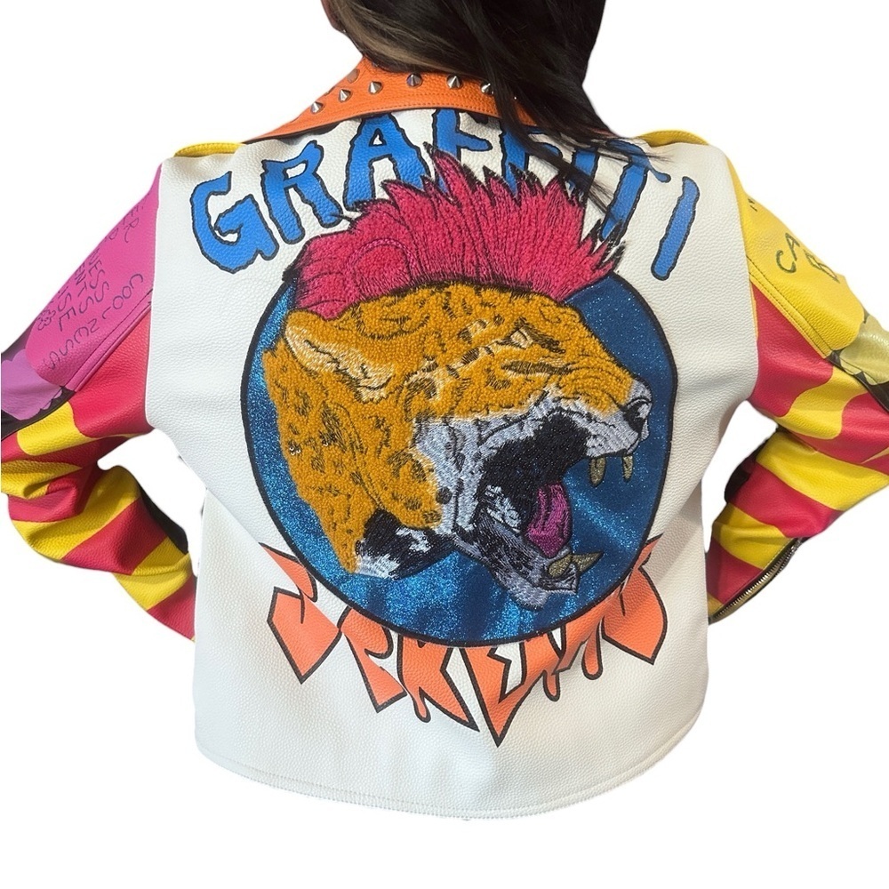 Bold Azalea Wang “Graffiti Kisses” Leather Moto Jacket Large - Picture 5 of 16
